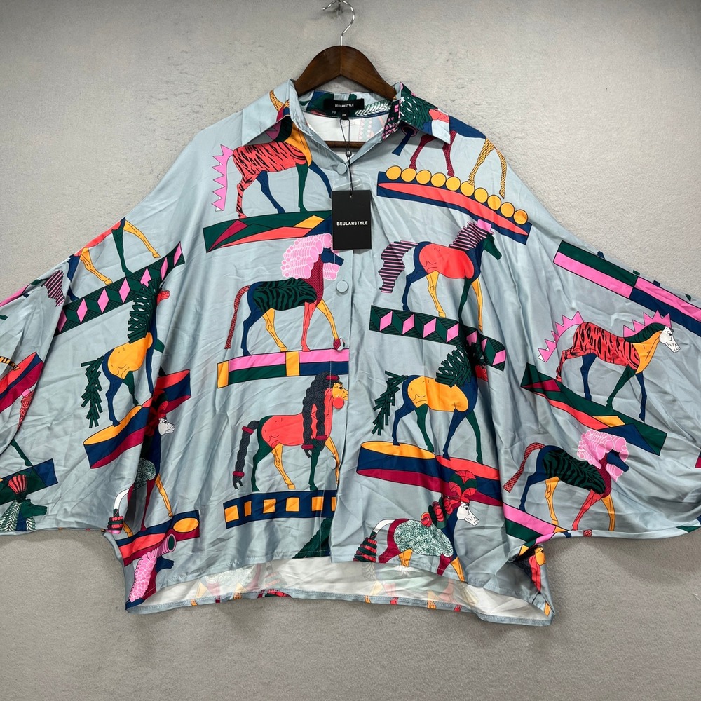 Beulah Style Shirt Women Size All Blue Multicolor Oversize Pony Horse Equestrian